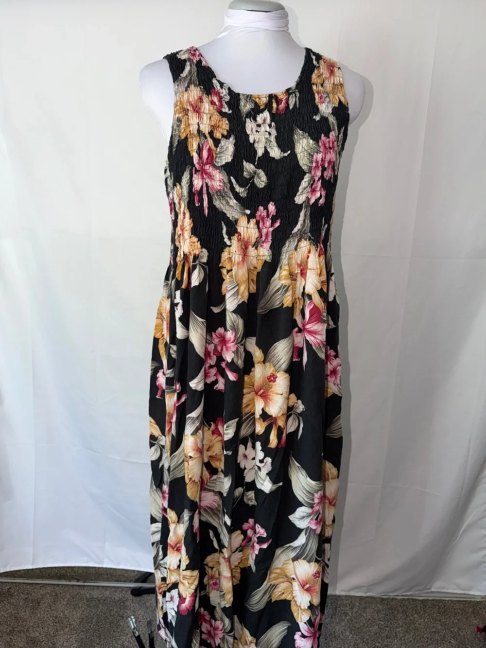 Aloha Hut Sleeveless Floral Maxi Dress with Pink & Yellow Blooms